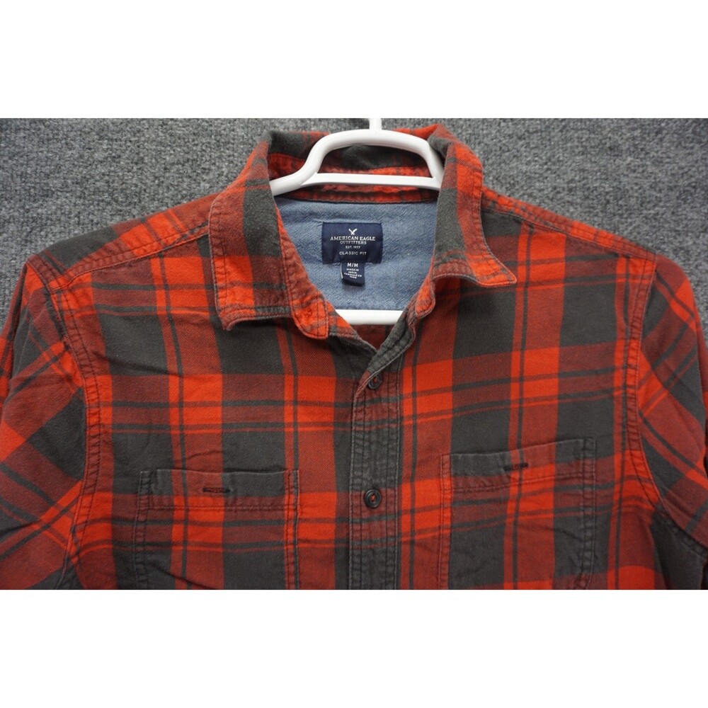 American Eagle Flannel Shirt Mens Medium Red Black Plaid Button Up Long Sleeve